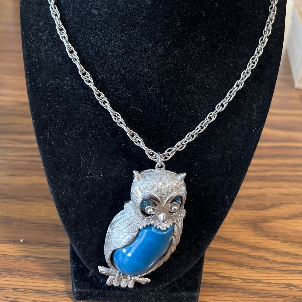 Owl brooch pendant necklace large silver tone vintage